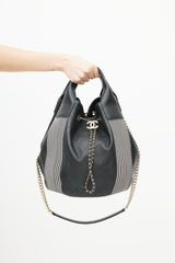 Chanel 2019 Black & White Stitched Drawstring Leather Bag