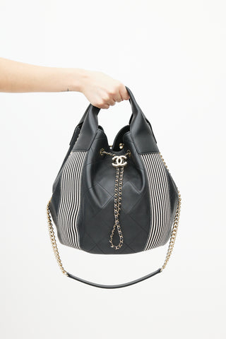 Chanel 2019 Black & White Stitched Drawstring Leather Bag