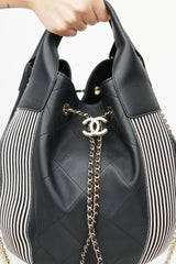 Chanel 2019 Black & White Stitched Drawstring Leather Bag
