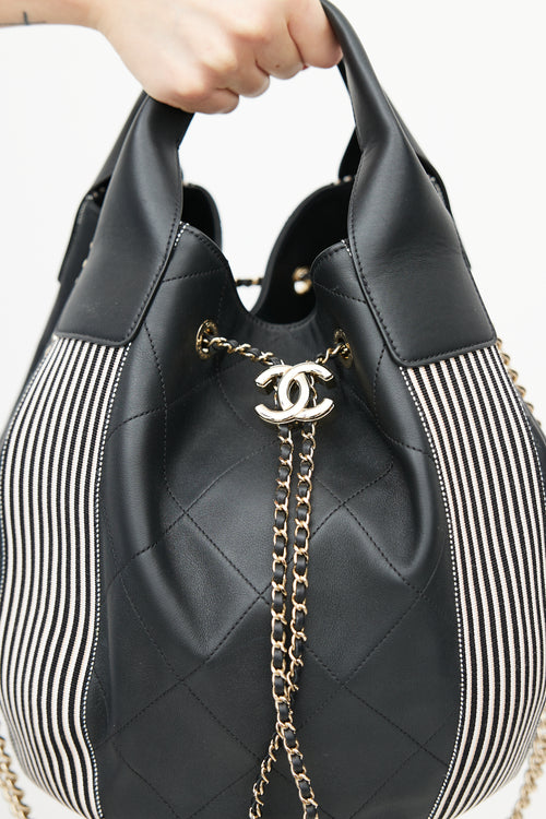 Chanel 2019 Black & White Stitched Drawstring Leather Bag