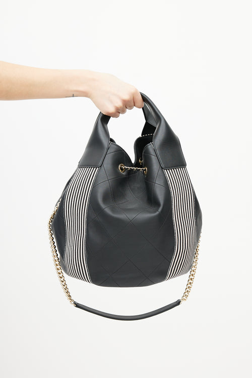 Chanel 2019 Black & White Stitched Drawstring Leather Bag