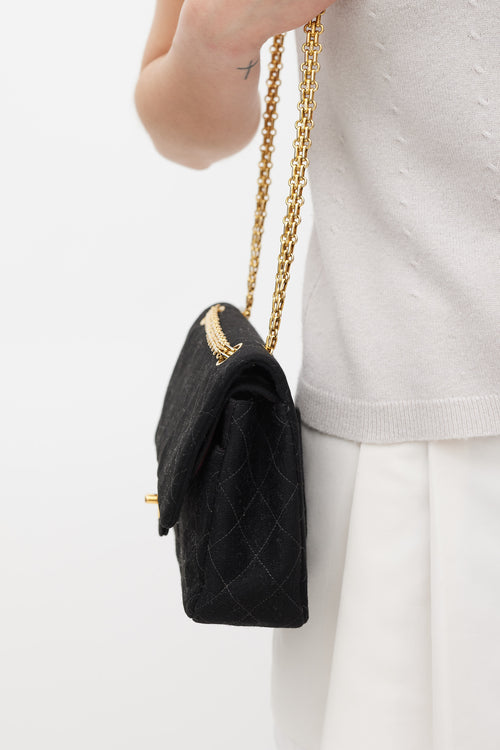 Chanel 1996/97 Black Jersey & 24K Gold Double Flap Bag