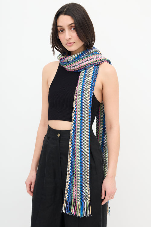 Missoni Blue & Multi Wool Knit Chevron Scarf