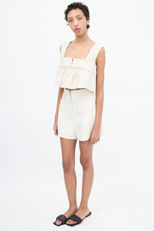 Miu Miu Cream Canvas Pleated Peplum Crop Top