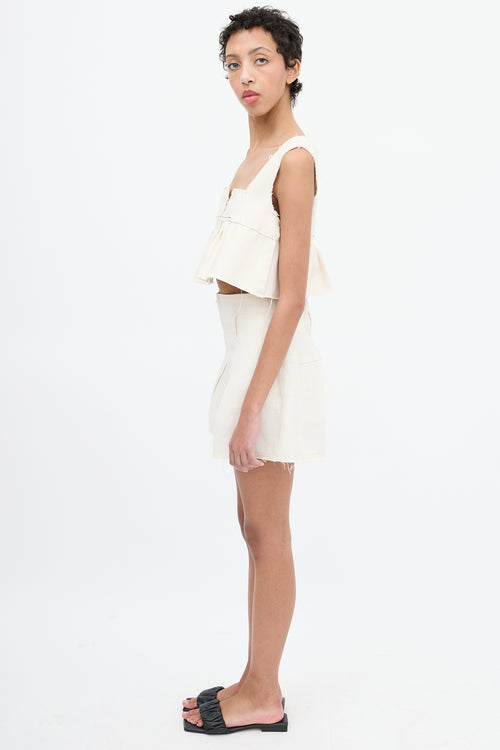 Miu Miu Cream Canvas Pleated Peplum Crop Top