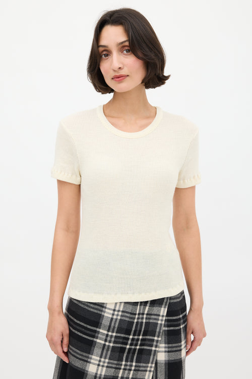 MM6 Maison Margiela Cream Ribbed Knit Embroidered Logo Top