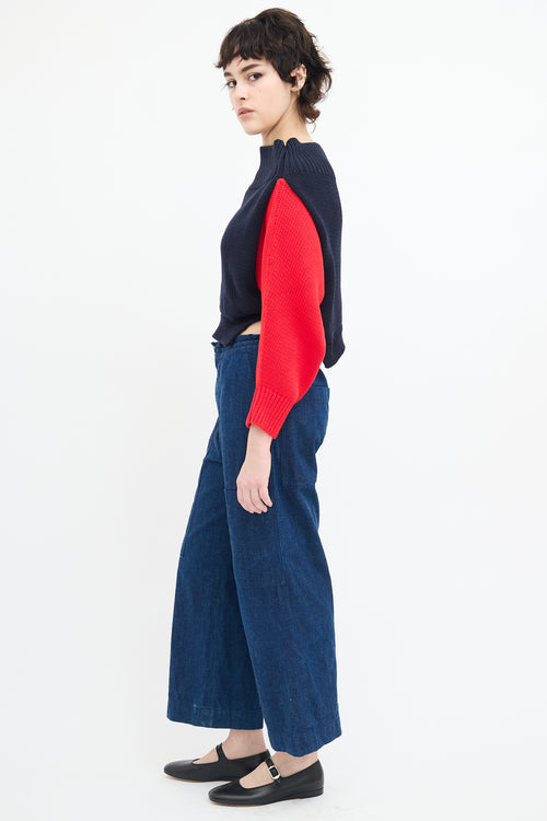 Monse Navy & Multi Color Block Off Shoulder Sweater