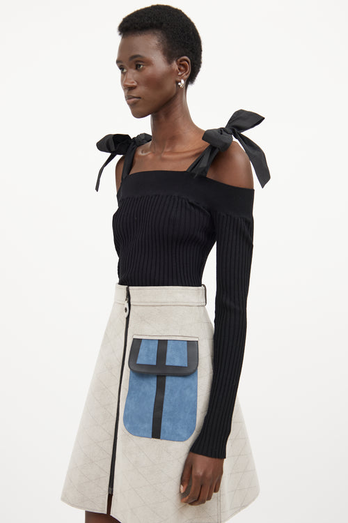 MSGM Black Ribbed Off The Shoulder Bow Top