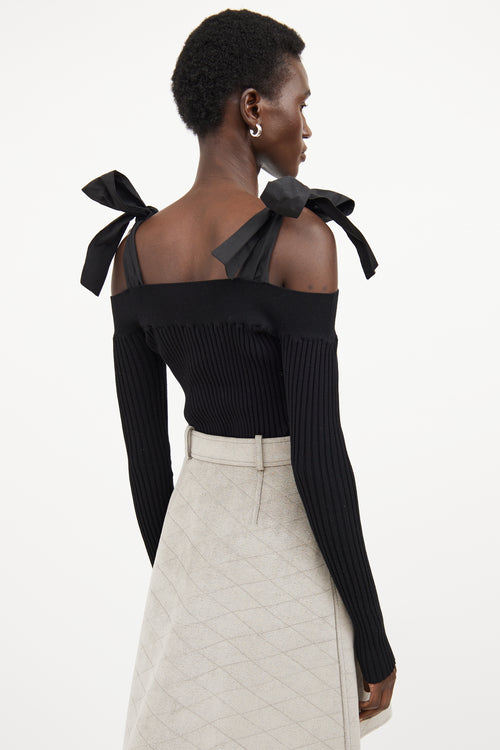 MSGM Black Ribbed Off The Shoulder Bow Top