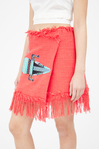 MSGM Red Tweed Fringe Skirt