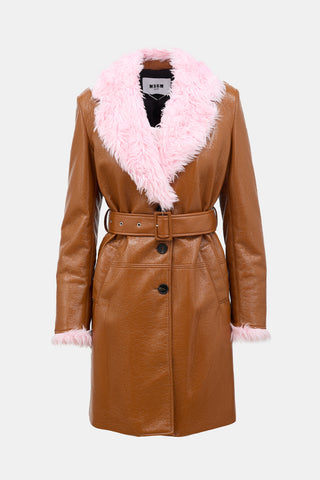 MSGM Vinyl & Faux Fur Belted Coat