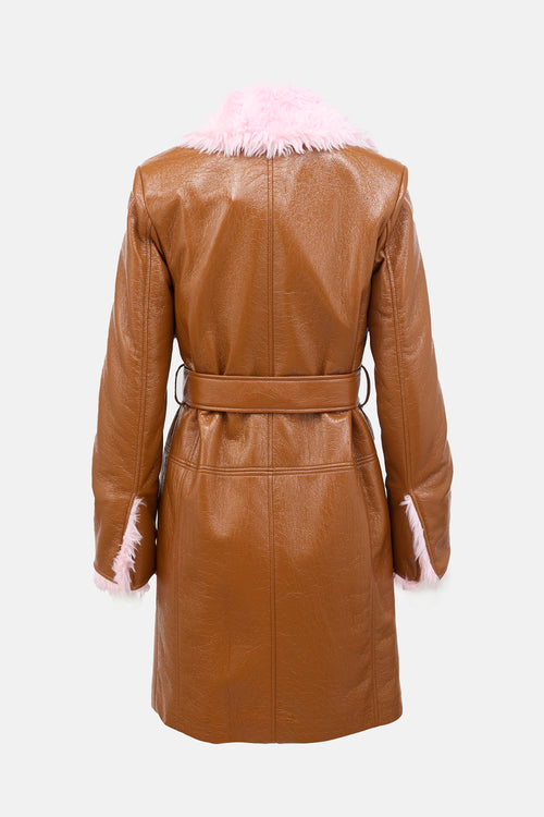 MSGM Vinyl & Faux Fur Belted Coat