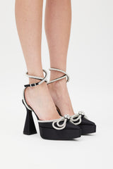 Mach & Mach Black & Silver Double Bow Crystal Satin Platform Heel