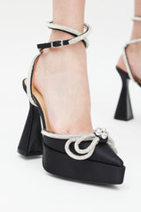 Mach & Mach Black & Silver Double Bow Crystal Satin Platform Heel