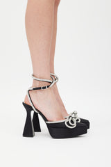 Mach & Mach Black & Silver Double Bow Crystal Satin Platform Heel