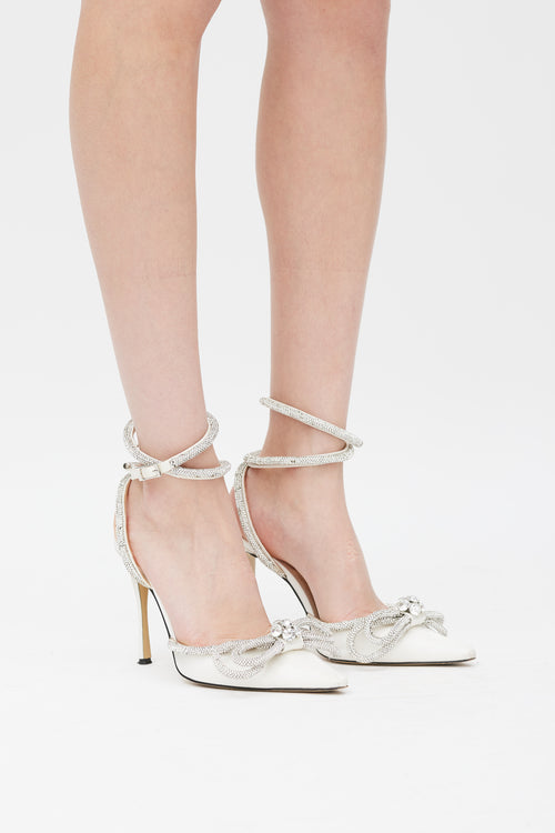 Mach & Mach White & Silver Double Bow Crystal Satin Heel