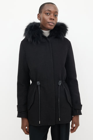 Mackage Black Wool & Fur Trimmed Mid Length Padded Jacket