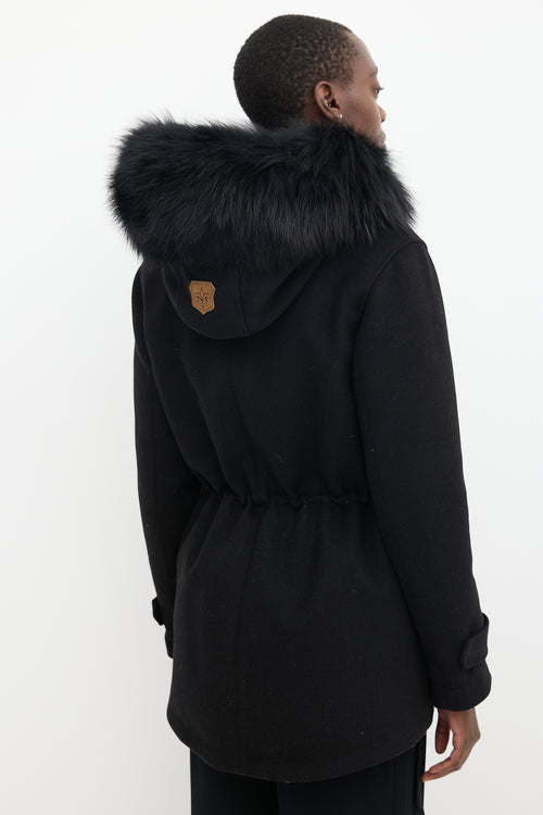 Mackage Black Wool & Fur Trimmed Mid Length Padded Jacket