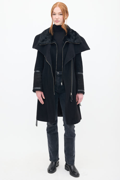 Mackage Black Wool & Shearling Belted Coat