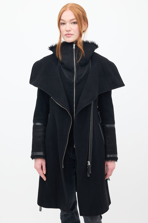 Mackage Black Wool & Shearling Belted Coat