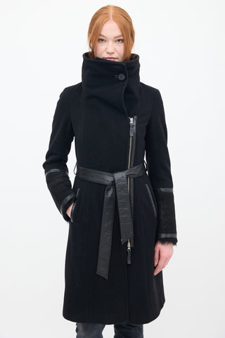 Mackage Black Wool & Shearling Belted Coat