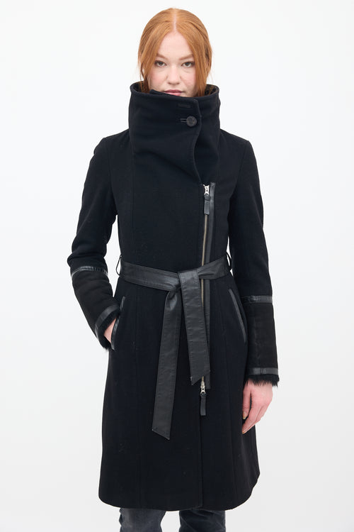 Mackage Black Wool & Shearling Belted Coat