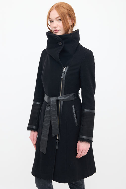 Mackage Black Wool & Shearling Belted Coat