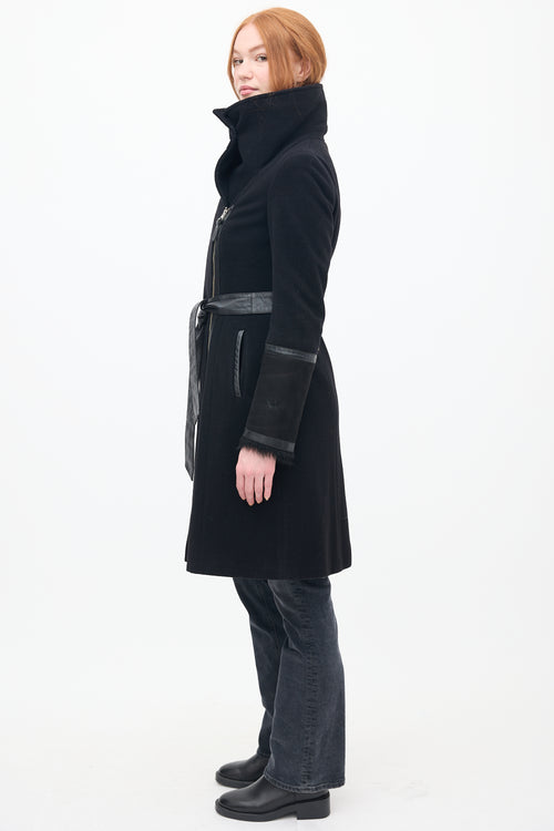 Mackage Black Wool & Shearling Belted Coat