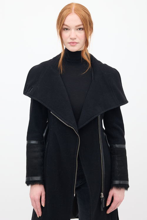 Mackage Black Wool & Shearling Belted Coat