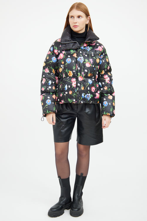 Black Floral Down Zip Jacket