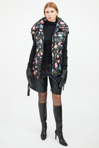 Black Floral Down Zip Vest