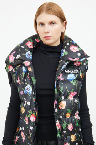 Black Floral Down Zip Vest