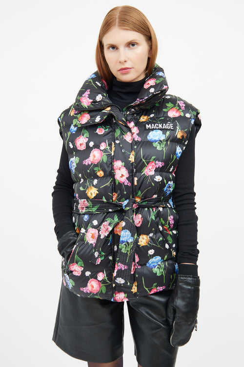 Black Floral Down Zip Vest