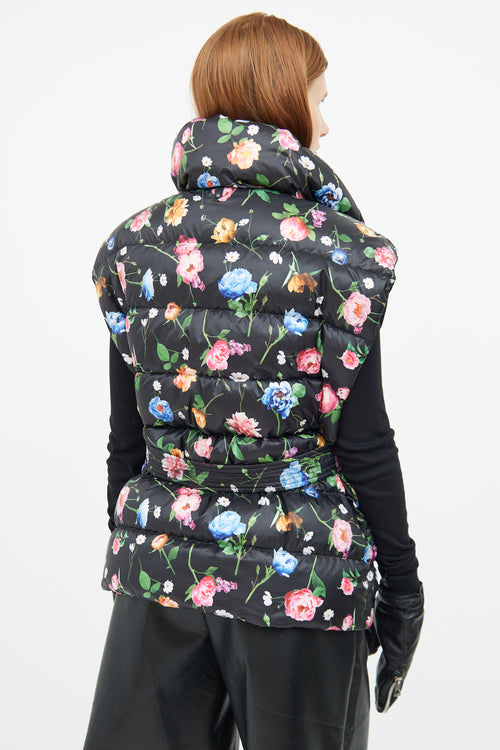 Black Floral Down Zip Vest