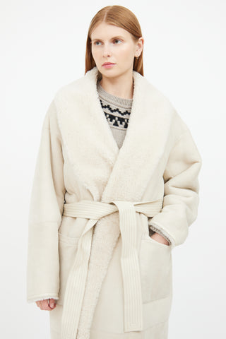 Beige Hana Suede Shearling Robe Coat