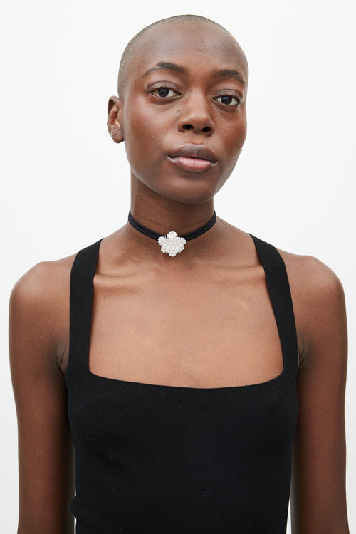 Magda Butrym Black Velvet & Crystal Flower Tie Necklace