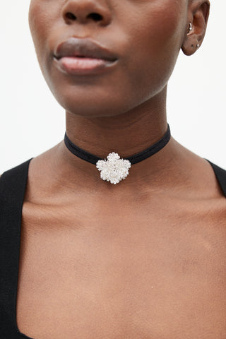 Magda Butrym Black Velvet & Crystal Flower Tie Necklace