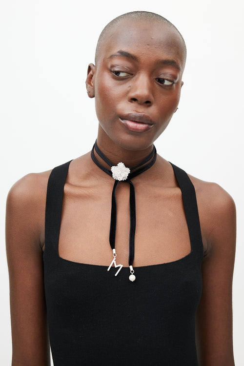 Magda Butrym Black Velvet & Crystal Flower Tie Necklace