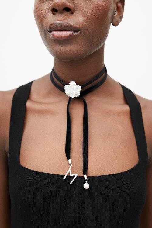 Magda Butrym Black Velvet & Crystal Flower Tie Necklace