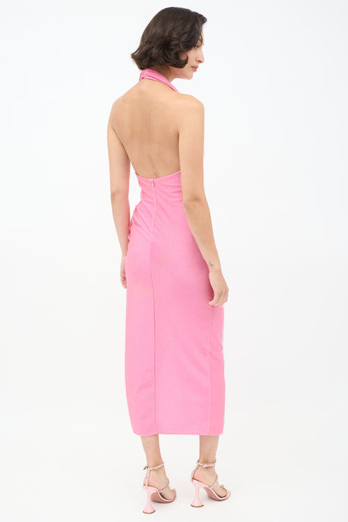 Magda Butrym Pink Flower Appliqué Halter Midi Dress