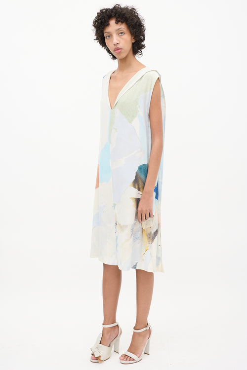 Maison Margiela Blue & Multi Silk Printed V-Neck Dress