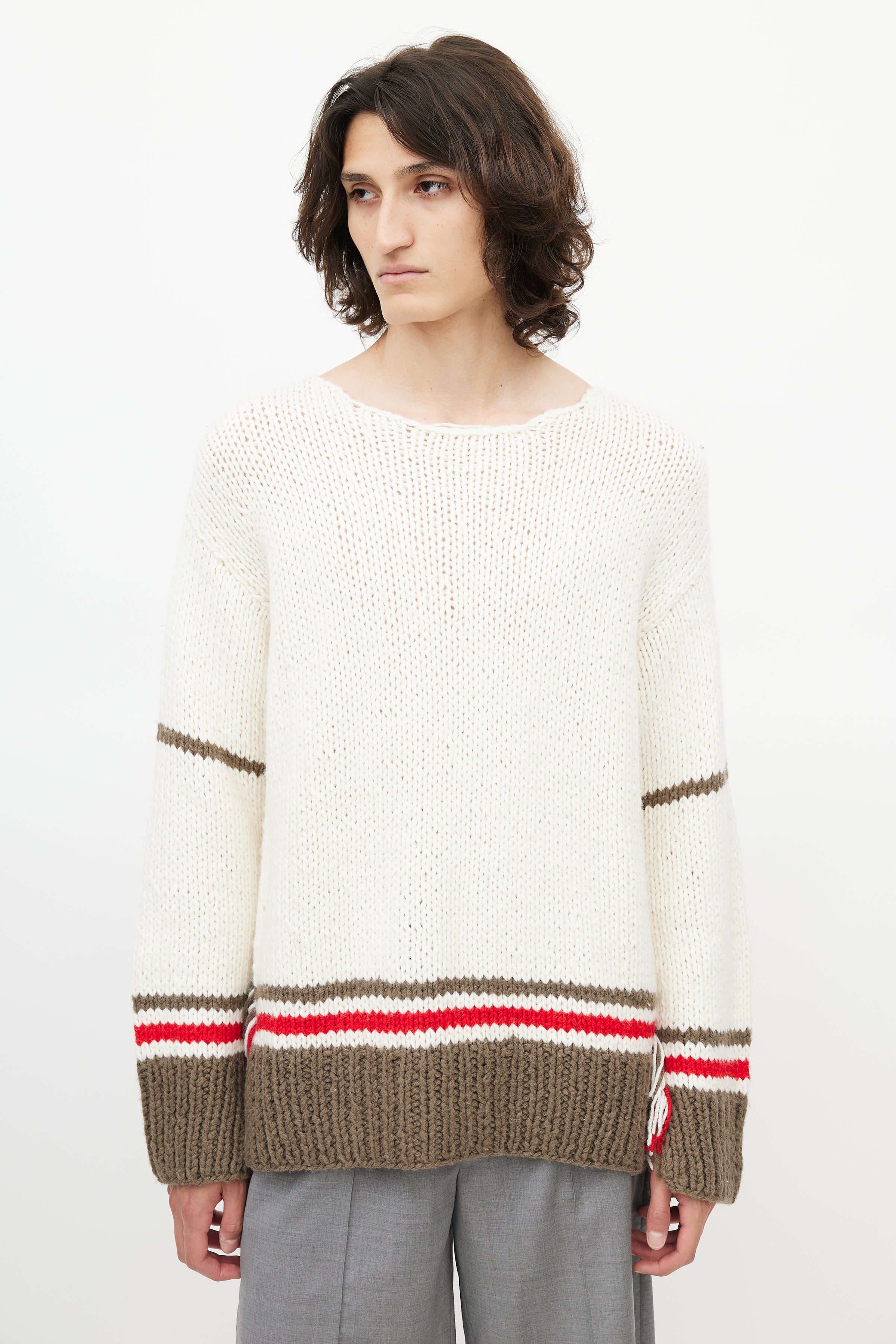Maison Margiela // Cream & Grey Striped Wool Fringe Sweater – VSP