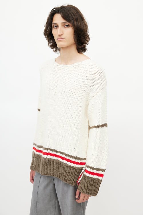 Maison Margiela Cream & Grey Striped Wool Fringe Sweater