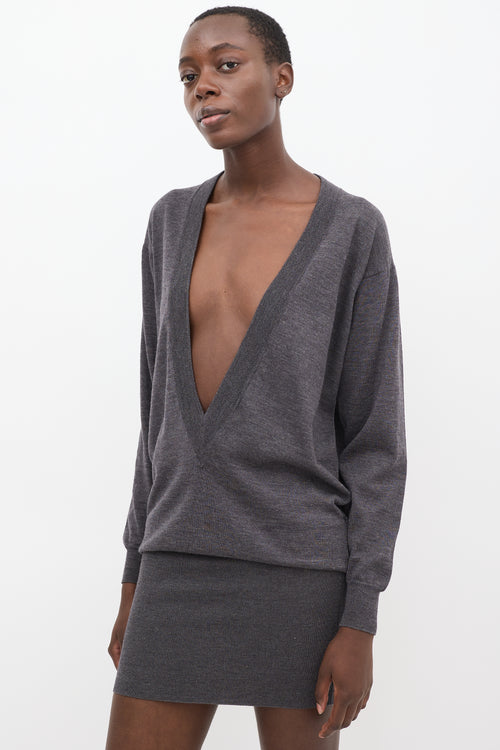 Maison Margiela Grey Wool Plunge V-Neck Sweater Dress