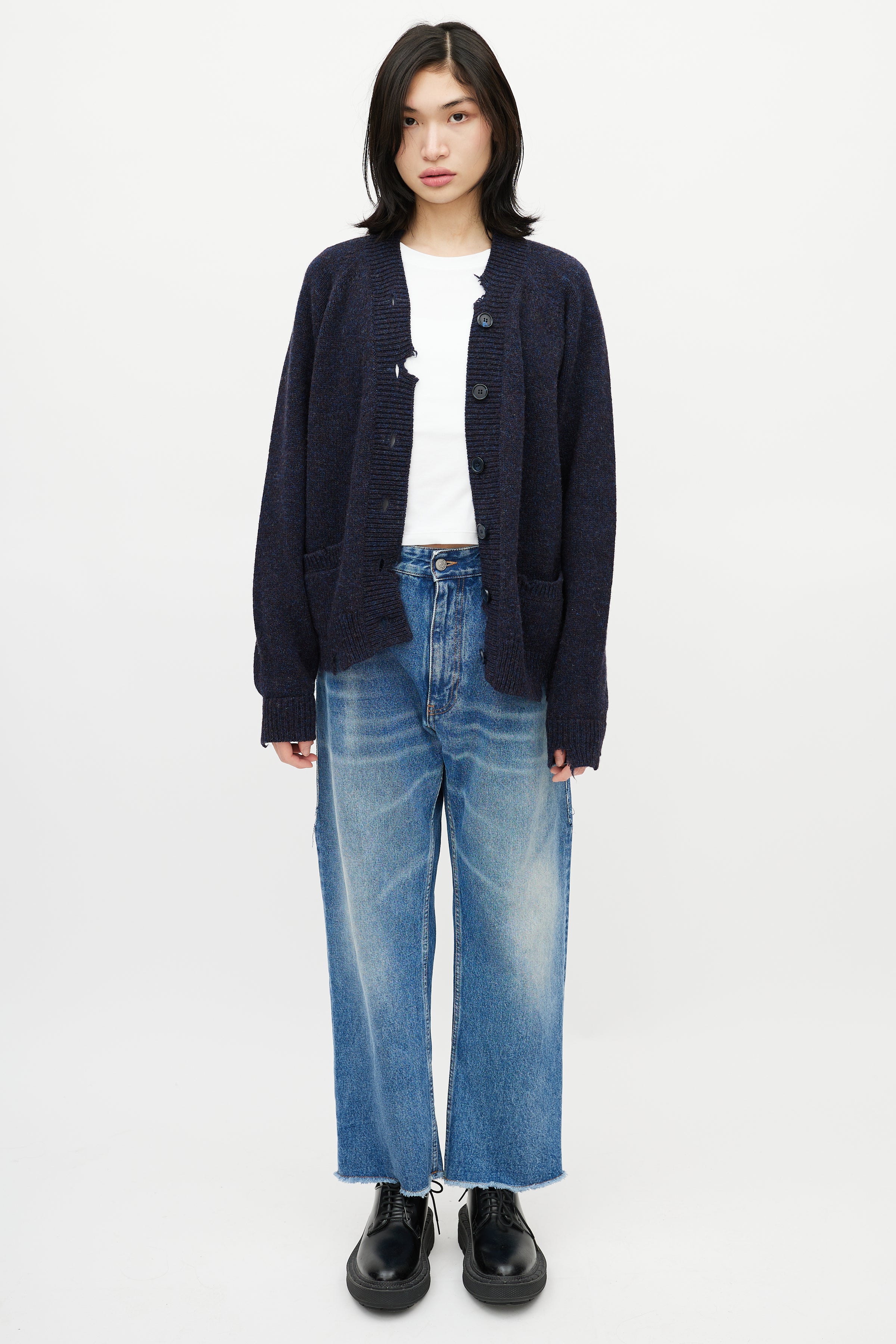 Maison Margiela // Navy Speckled Distressed Cardigan – VSP Consignment