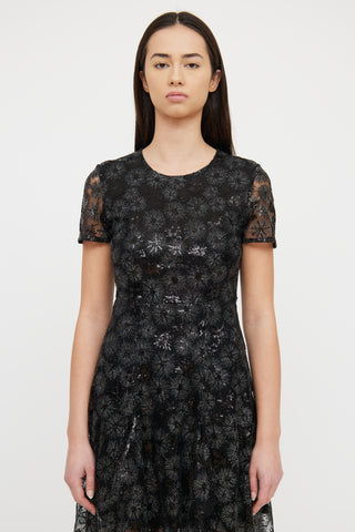 Maje Black Sequin Sparkle High Low Short Sleeve Dress