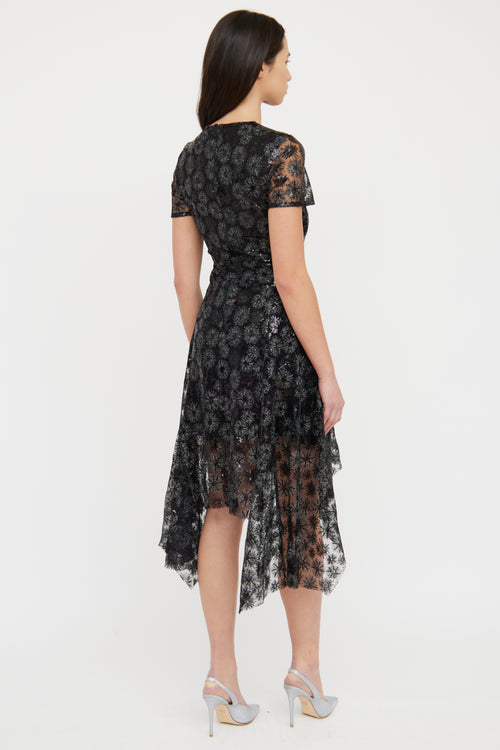 Maje Black Sequin Sparkle High Low Short Sleeve Dress