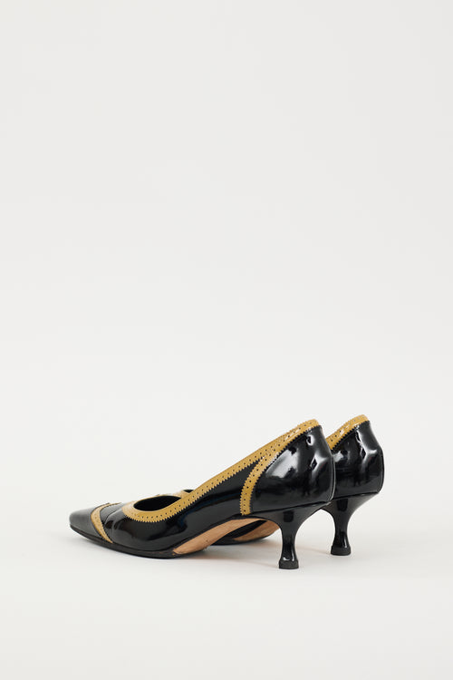 Manolo Blahnik Black & Beige Patent Leather Brogue Heel