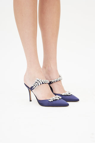 Manolo Blahnik Navy Lurum 90 Embellished Satin Mule