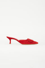 Manolo Blahnik Red Suede Maysale 50 Buckle Mule